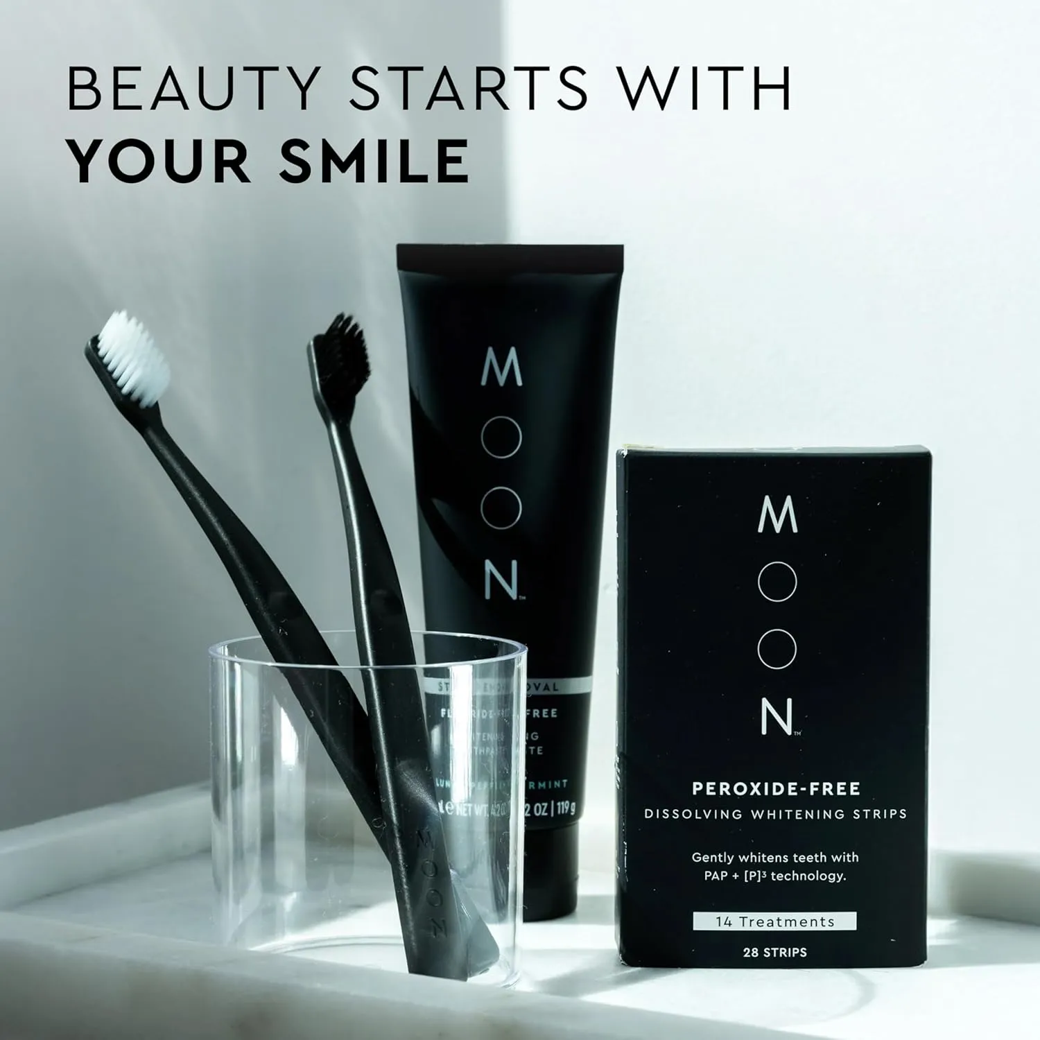 MOON Teeth Whitening Toothpaste with Fluoride & Essential Oils - Anticavity Toothpaste for Gentle Stain Removal, Plaque Buildup, Cavity Protection & Gum Health - Invigorating Mint Flavor (2 Pack)