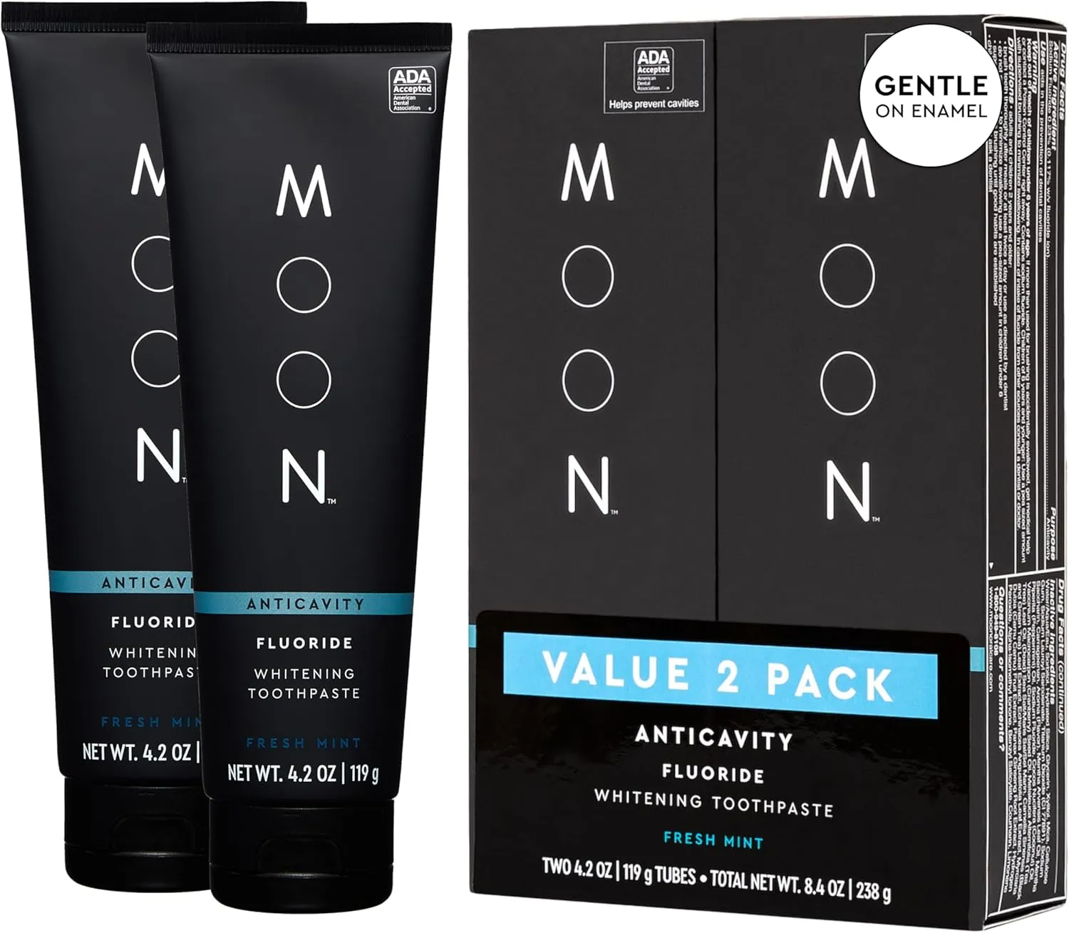 MOON Teeth Whitening Toothpaste with Fluoride & Essential Oils - Anticavity Toothpaste for Gentle Stain Removal, Plaque Buildup, Cavity Protection & Gum Health - Invigorating Mint Flavor (2 Pack)