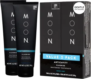 MOON Teeth Whitening Toothpaste with Fluoride & Essential Oils - Anticavity Toothpaste for Gentle Stain Removal, Plaque Buildup, Cavity Protection & Gum Health - Invigorating Mint Flavor (2 Pack)