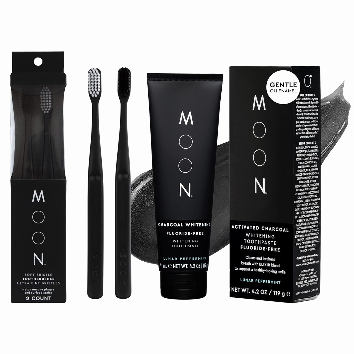 MOON Oral Care Duo – Soft Bristle Toothbrush 2-Pack & Charcoal Fluoride-Free Whitening Toothpaste (4.2 oz) – Gentle Cleaning & Brightening for Sensitive Teeth