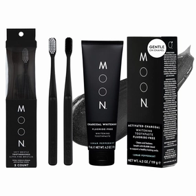 MOON Oral Care Duo – Soft Bristle Toothbrush 2-Pack & Charcoal Fluoride-Free Whitening Toothpaste (4.2 oz) – Gentle Cleaning & Brightening for Sensitive Teeth