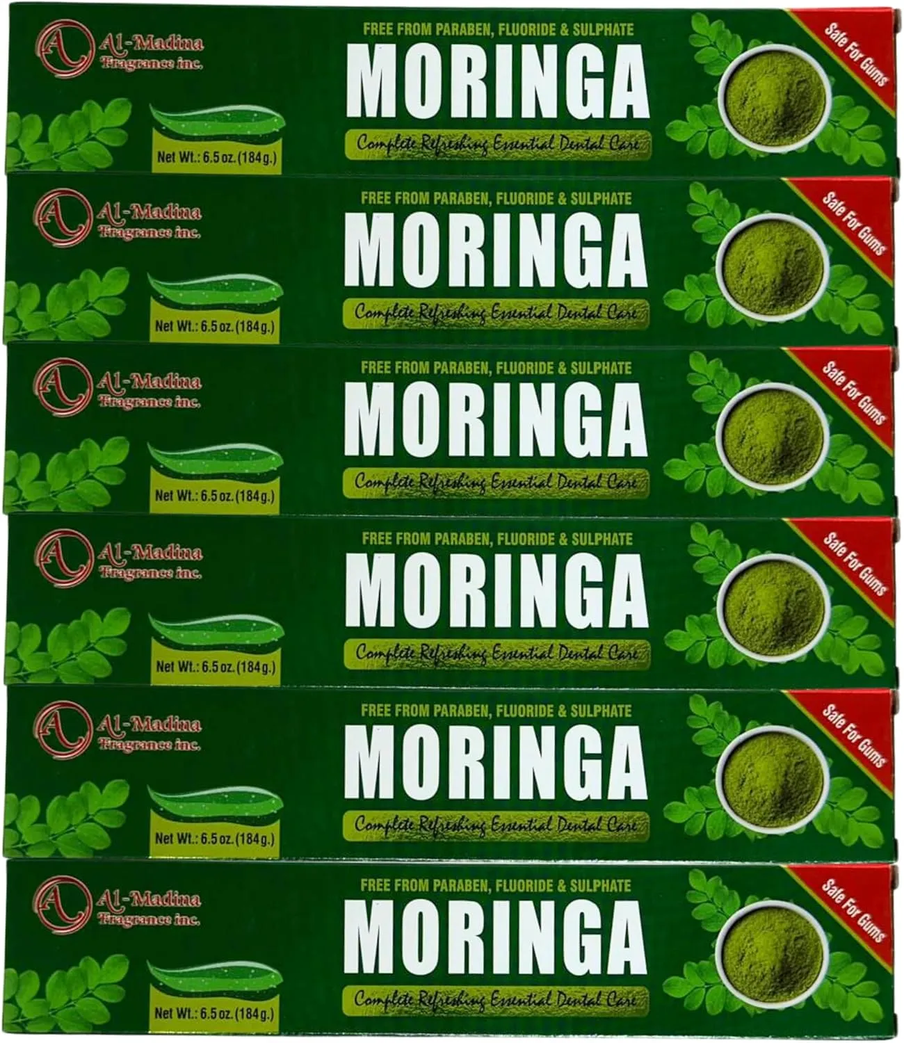 Moringa and Clove Toothpaste with Myrrh Oil, Sage Oil, White Oak Bark, Clove, and Menthol - Paraben Free Refreshing Oral Care for Sensitive Teeth - Halal - Pack of 6