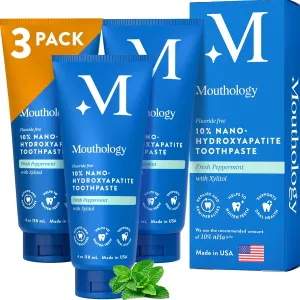 Mouthology 10% Nano Hydroxyapatite Toothpaste 3packs (Fluoride Free), Natural, Remineralizing, Whitening, Sensitive Teeth, SLS Free, Xylitol Nano-Hydroxyapatite Toothpaste, Mint 4oz (USA Made)