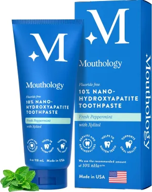 Mouthology 10% Nano Hydroxyapatite Toothpaste (Fluoride Free), Whitening, Remineralizing, Natural, Sensitive Teeth, SLS Free, Xylitol Nano-Hydroxyapatite Toothpaste for Adults, Mint 4oz (USA Made)