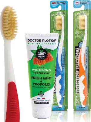 MOUTHWATCHERS Soft Flossing Manual Adults Toothbrush, 2 Toothbrushes, Assorted Colors and 1 Whitening Toothpaste, Fluoride Free Naturally Sourced, 3 oz, by Dr. Plotka's