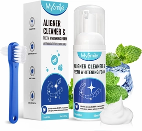 MySmile Aligner Cleaner Teeth Whitening Foam, Multi-Purpose Cleaner Foam, Whitens Teeth, Kills Germs, Fights Bad Breath for Aligners, Retainers, Dentures, Peroxide-Free, Travel-Friendly, Fresh Mint