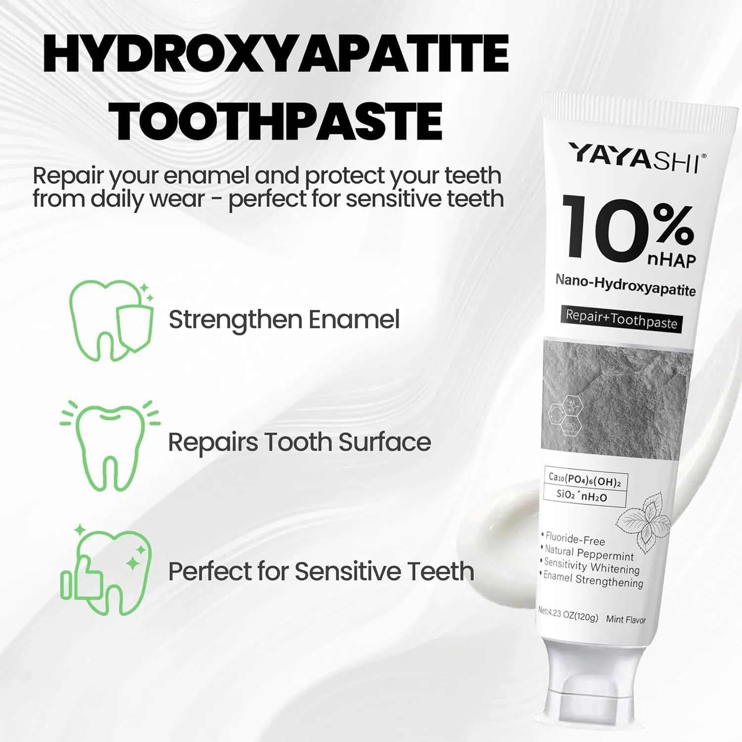 Nano-Hydroxyapatite Toothpaste – 10%-Hydroxyapatite -Appropriate for Sensitive Teeth, Whitening | Fluoride-Free, Mint Flavor, for Adult, Kids Oral Care