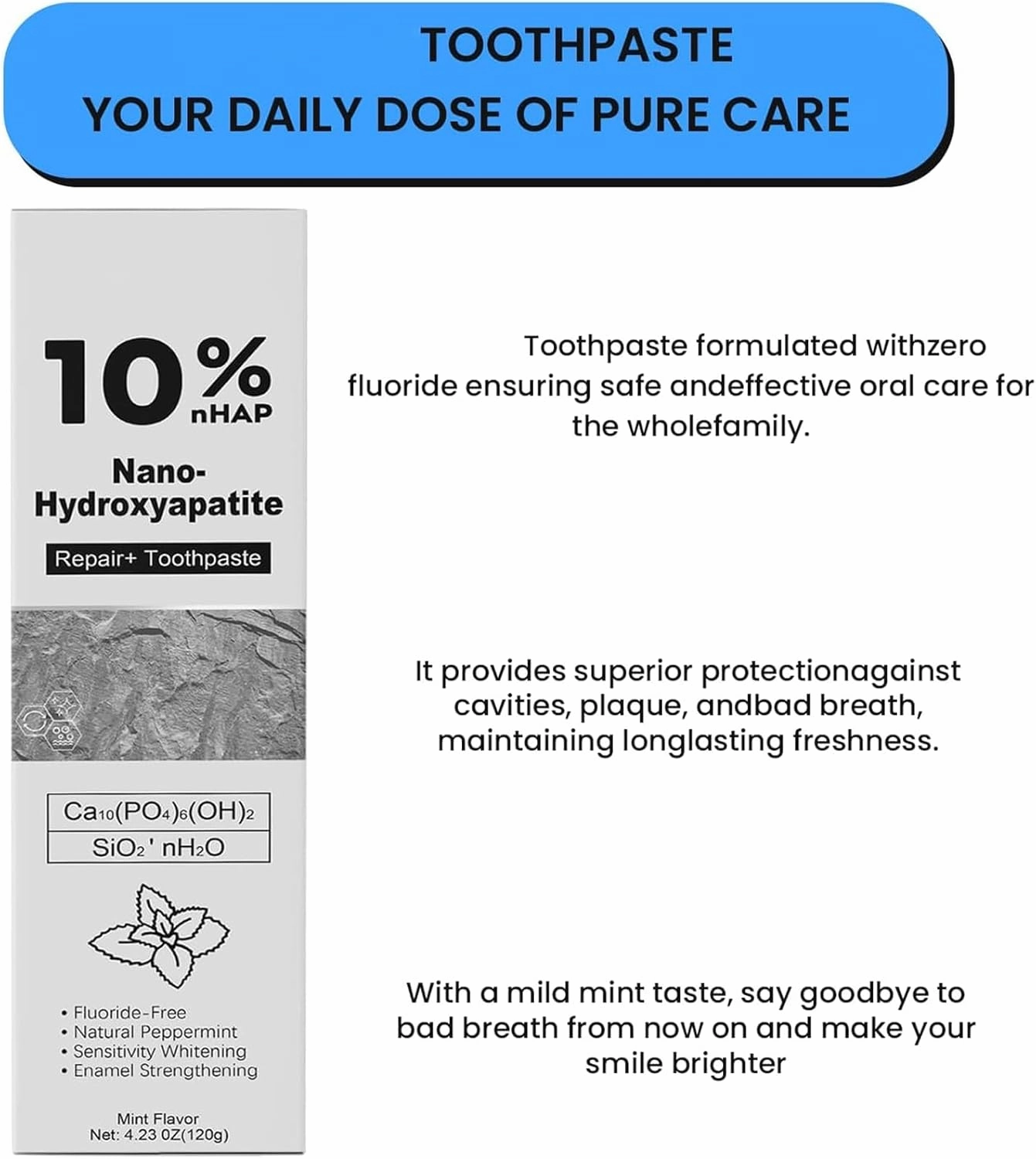 Nano-Hydroxyapatite Toothpaste | 10% Hydroxyapatite - for Sensitive Teeth & Whitening | Fluoride-Free, Mint Flavor | Suitable for Adults & Kids Oral Care (3)