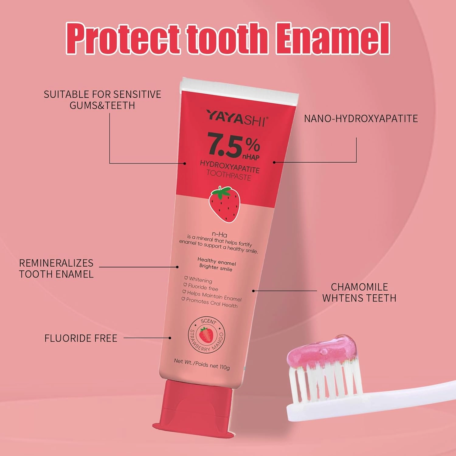 Nano Hydroxyapatite Toothpaste, Fluoride Free Toothpaste,Enamel Protection and Tooth Strengthening Appropriate for Sensitive Teeth, Daily Use for Oral Health -Strawberry Mango, 3.88 Fl Oz