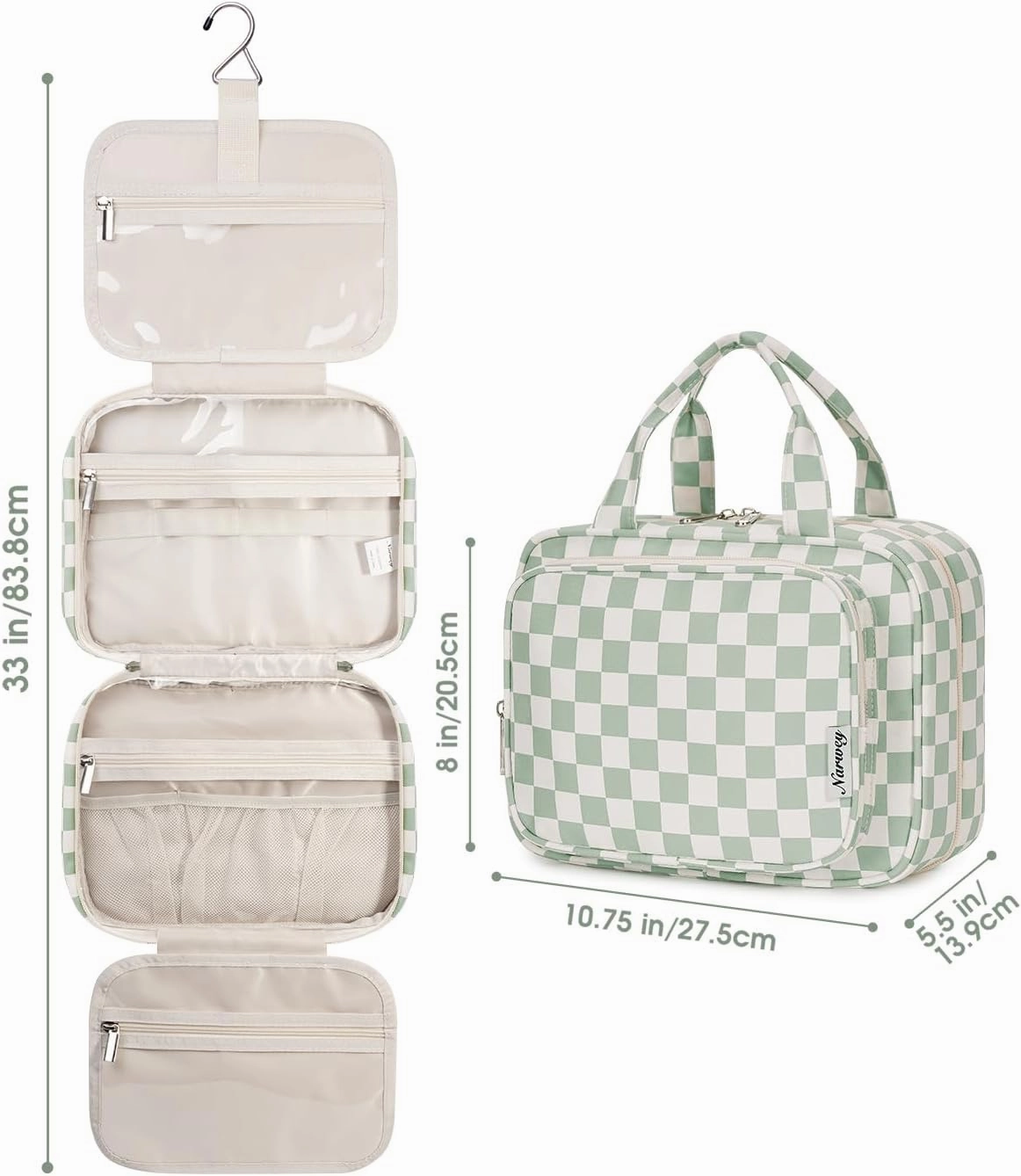 Narwey Hanging Toiletry Bag for Women Travel Checkered Makeup Bag Organizer Toiletries Bag for Travel Size Essentials Accessories Cosmetics (Mint Green Checkerboard (Medium))