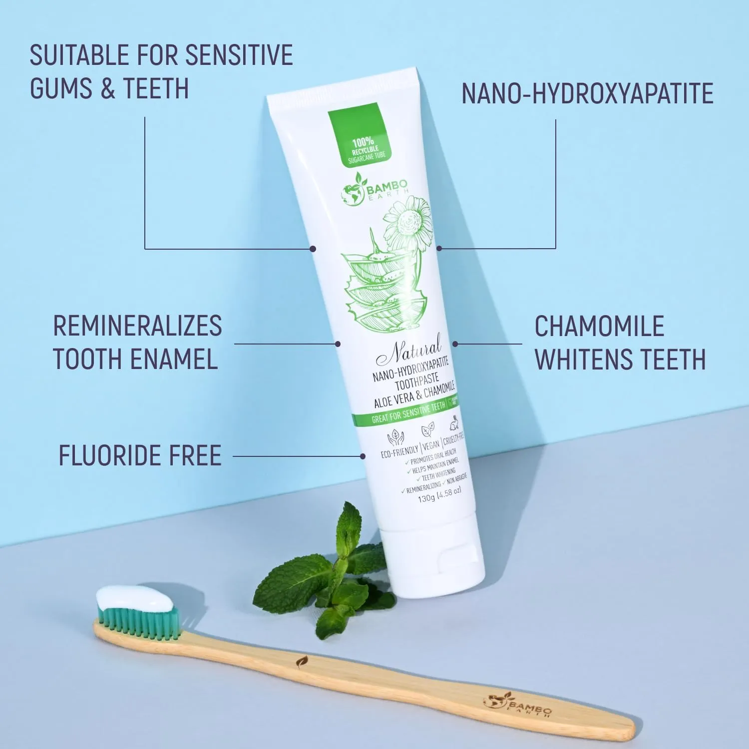 Natural Fluoride Free Toothpaste - Nano Hydroxyapatite, Remineralizing, Sensitive Teeth, Whitening & Zero Waste Tube - Dentist Recommended for Adult & Kids Oral Aloe Vera & Chamomile (4 Pack, Aloe)