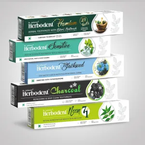 Natural Organic Herbs Toothpaste Combo | Herbodent® Premium | Herbodent® Sensitive | Herbodent® Blackseed | Herbodent® Charcoal | Herbodent® NEEM 7 in 1 Toothpaste- 1 of Each Variant in Big Size