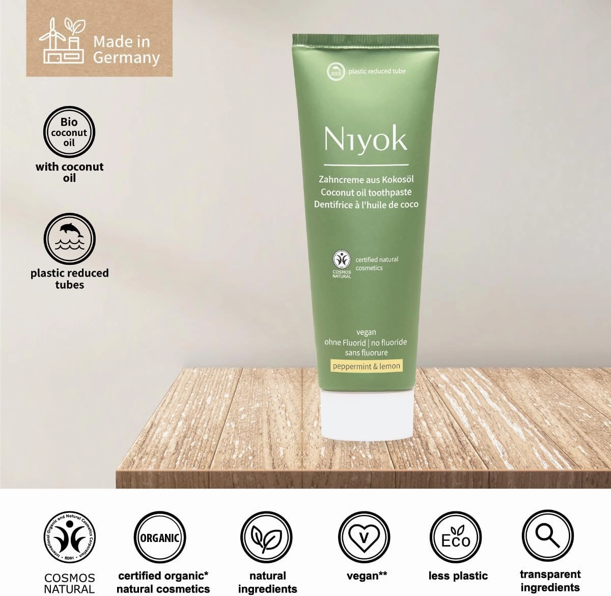 Natural Cosmetics Fluoride Free Natural Coconut Oil Toothpaste, Peppermint Lemon 75 ml, 3-Pack