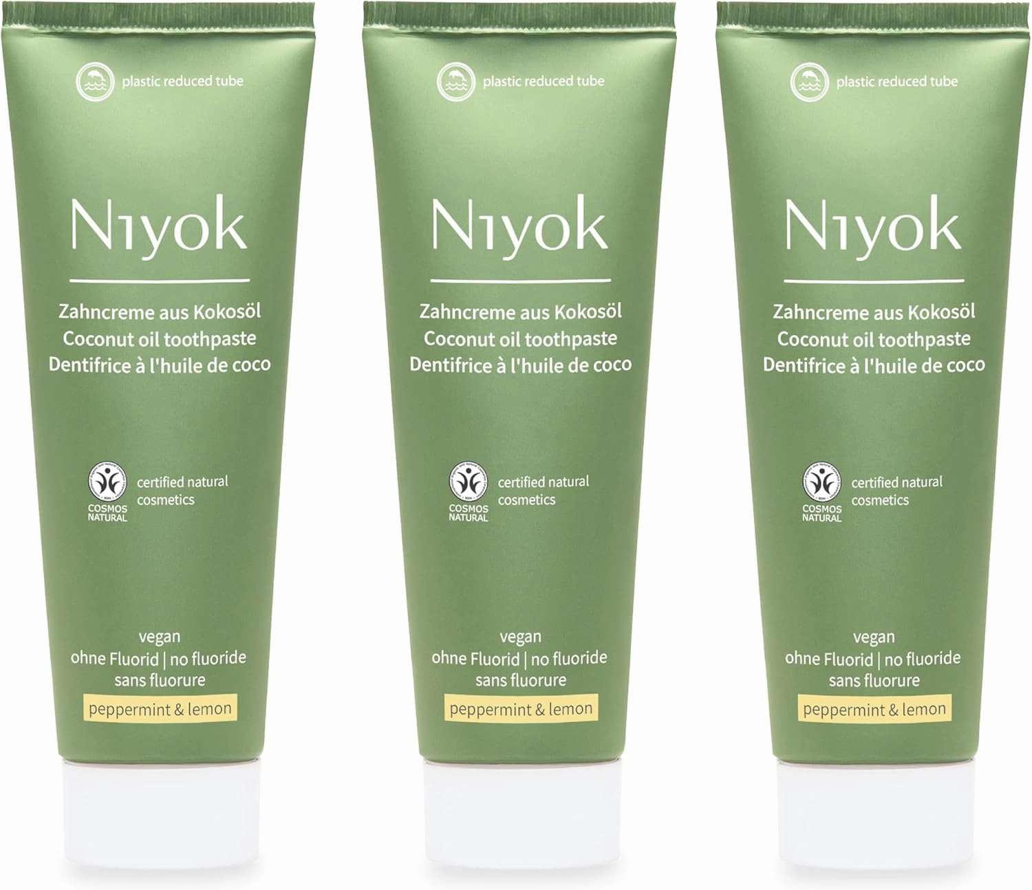 Natural Cosmetics Fluoride Free Natural Coconut Oil Toothpaste, Peppermint Lemon 75 ml, 3-Pack