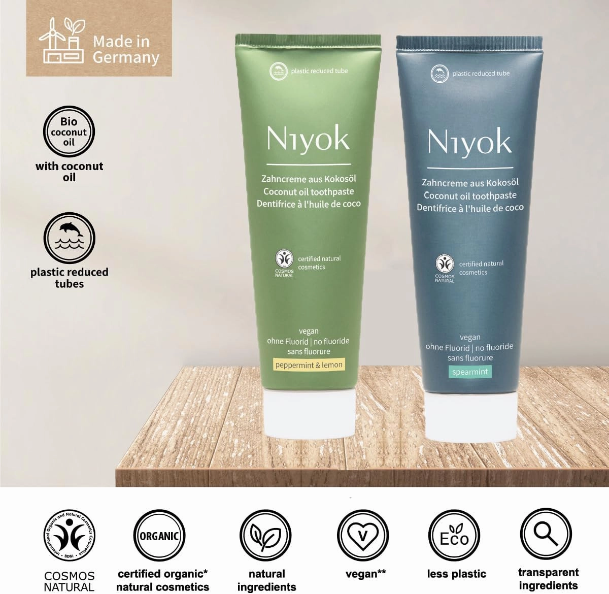 Natural Cosmetics Fluoride Free Natural Coconut Oil Toothpaste, Peppermint Lemon 75 ml and Spearmint 75 ml, 4-Pack
