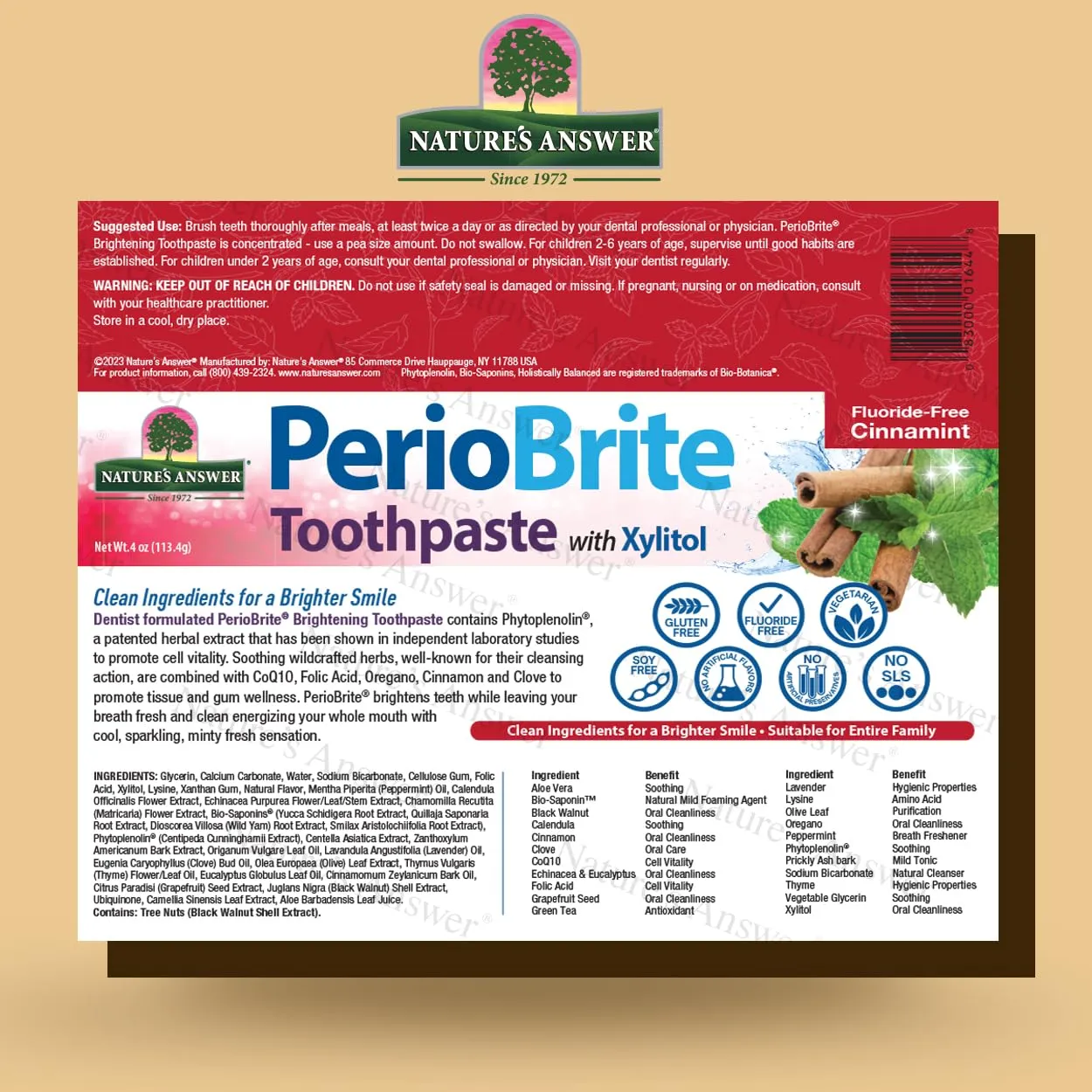 Nature's Answer Periobrite Toothpaste, Cinamint, 4 Ounce, (3 Pack) | Teeth Whitening | Fresh Breath | Stain Removal
