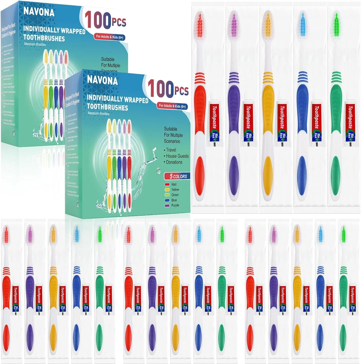Navona 200 PCS Disposable Toothbrush with Toothpaste Bulk, Travel Toothpaste, Bulk Toothpastes, Individually Wrapped Bulk Toothbrush, Ergonomics Handle,Medium Soft Bristle, Perfect for Travel, Hotel
