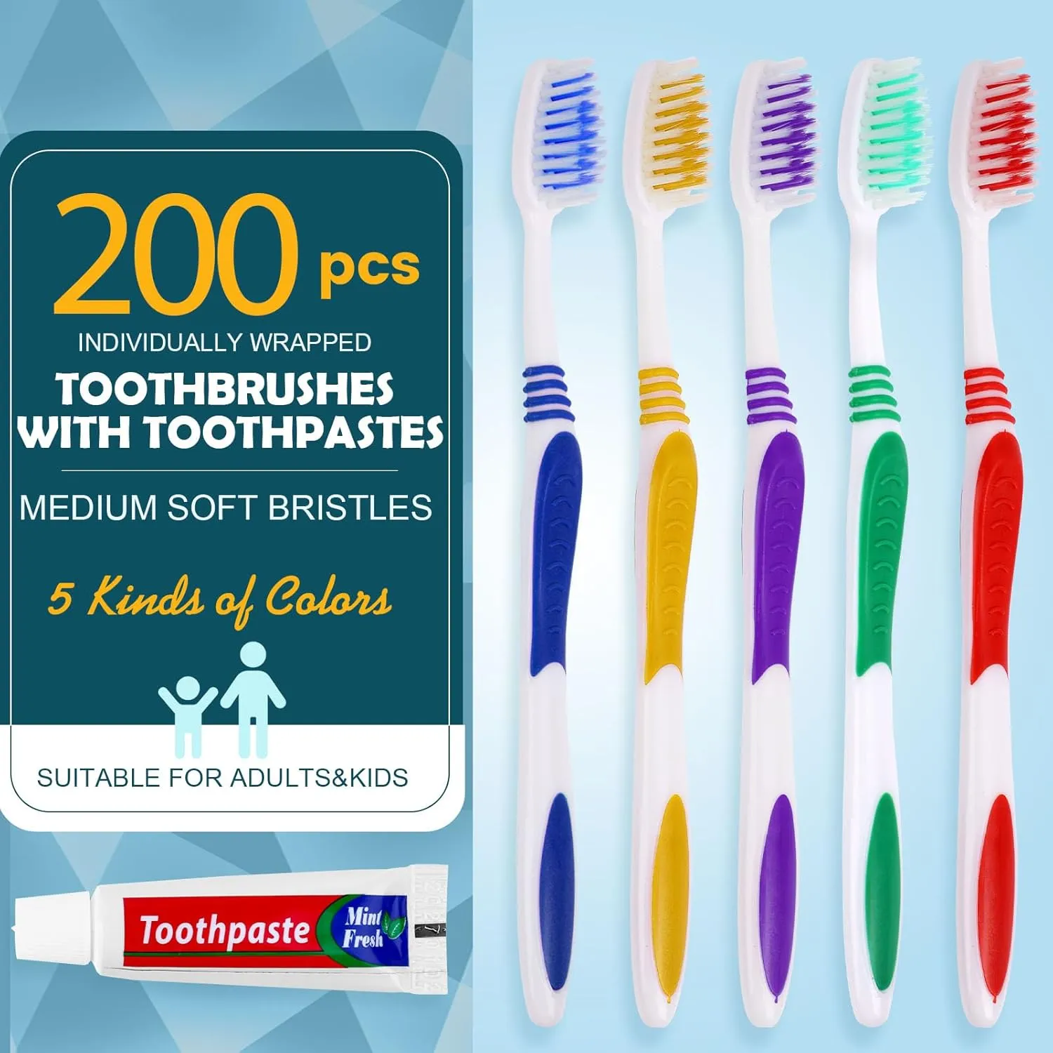 Navona 200 PCS Disposable Toothbrush with Toothpaste Bulk, Travel Toothpaste, Bulk Toothpastes, Individually Wrapped Bulk Toothbrush, Ergonomics Handle,Medium Soft Bristle, Perfect for Travel, Hotel