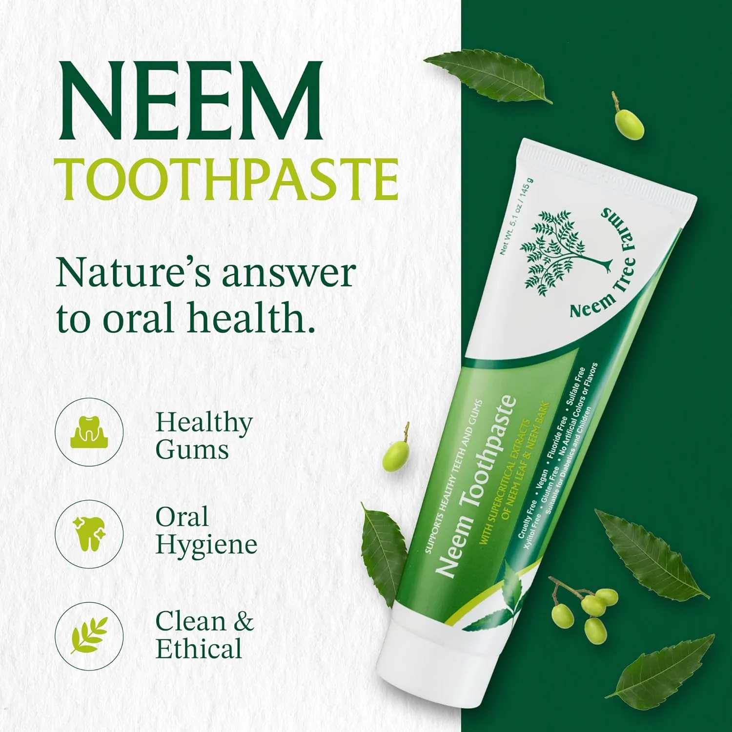 Neem Fluoride Free Toothpaste - Adult & Children Friendly, 100% Vegan Natural, Gluten Free, No Artificial Ingredients - Clove & Stevia (2 pk)