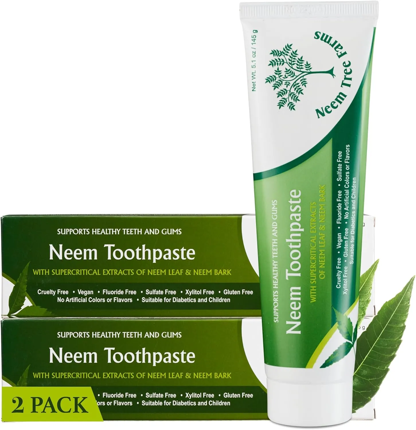 Neem Fluoride Free Toothpaste - Adult & Children Friendly, 100% Vegan Natural, Gluten Free, No Artificial Ingredients - Clove & Stevia (2 pk)