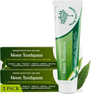 Neem Fluoride Free Toothpaste - Adult & Children Friendly, 100% Vegan Natural, Gluten Free, No Artificial Ingredients - Clove & Stevia (2 pk)