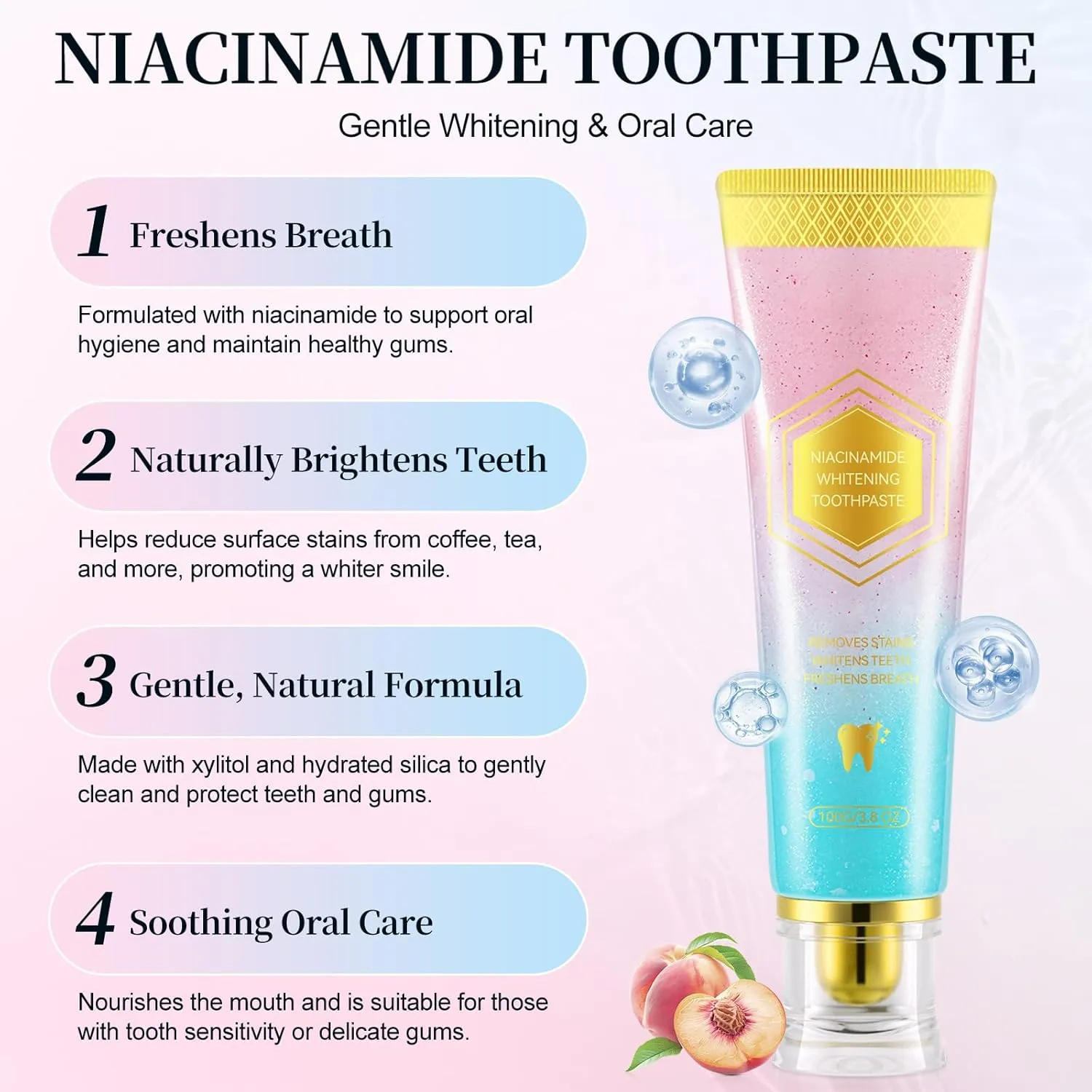 Niacinamide Whitening Toothpaste, Niacinamide Toothpaste Intensive Whitens Teeth, Stain Removal, Protects Tooth Enamel, Freshening Breath All Day with Natural Mint &Peach Flavor (2PCS)