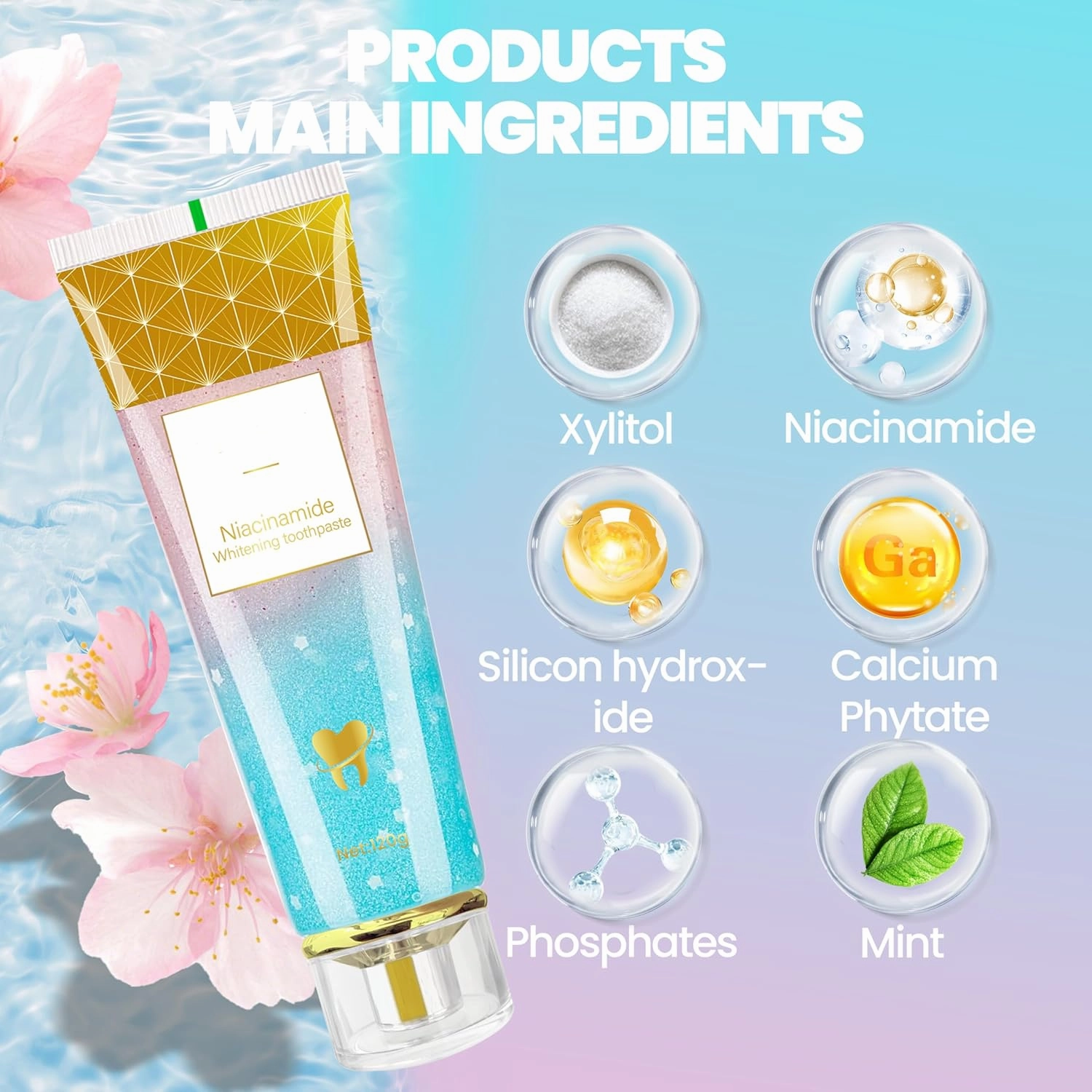 Niacinamide Whitening Toothpaste - Protects Enamel, Removes Stains, Improves Gum Health, Cherry Blossom Mint Flavor, Freshens Breath, Fluoride-Free, Vegan (1pcs)