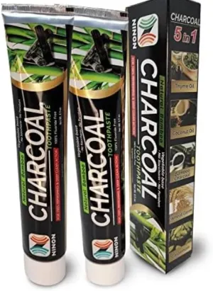 Ninon Charcoal Toothpaste (6.5oz) 2 Pack- 100% Fluoride Free - No Saccharin - No Paraben - Vegetable Base