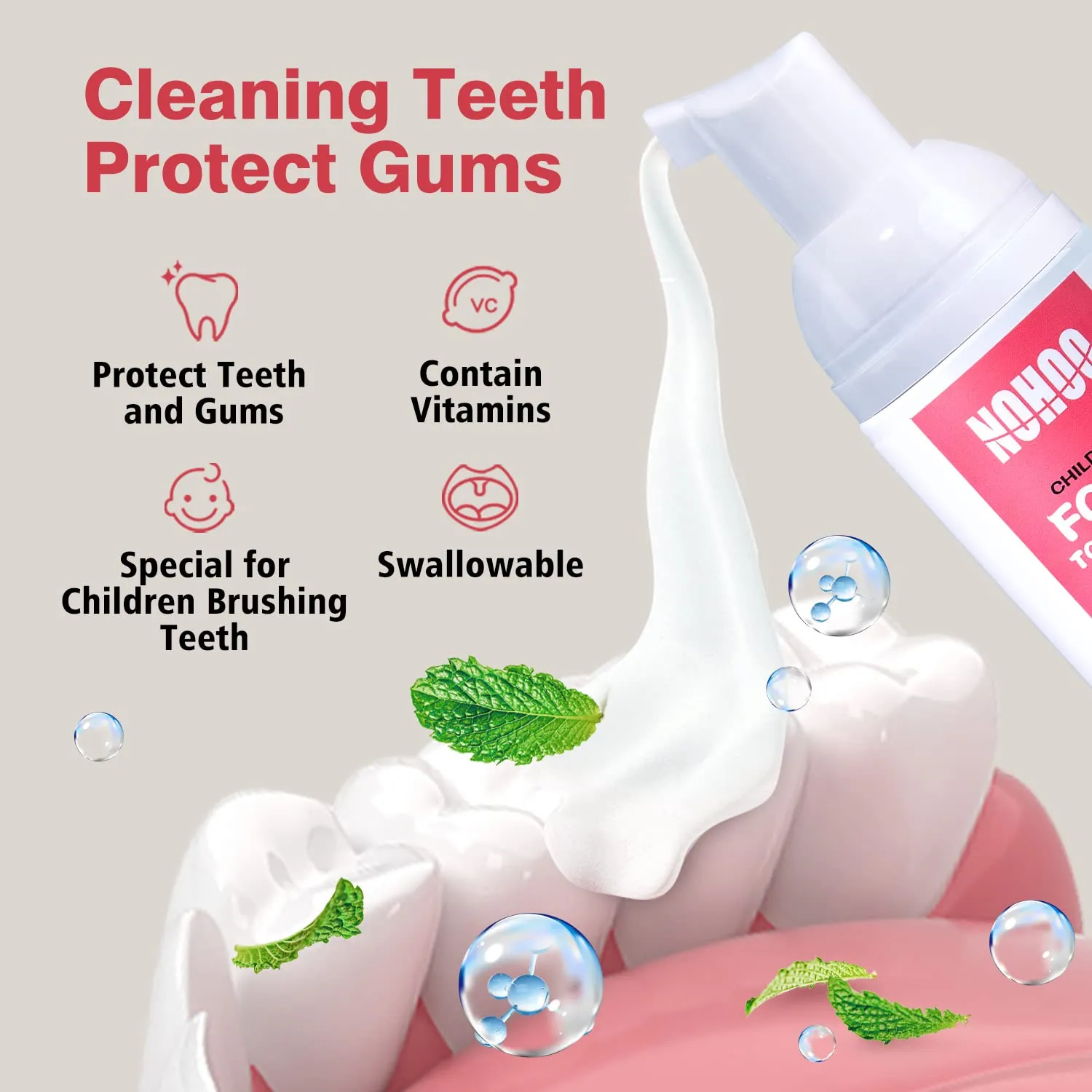NOHOO Kids Foam Toothpaste with Fruit Flavor, Fluoride Free Natural Formul, Foam Toothpaste for Electric Toothbrush (Strawberry Orange Peach Cantaloupe)
