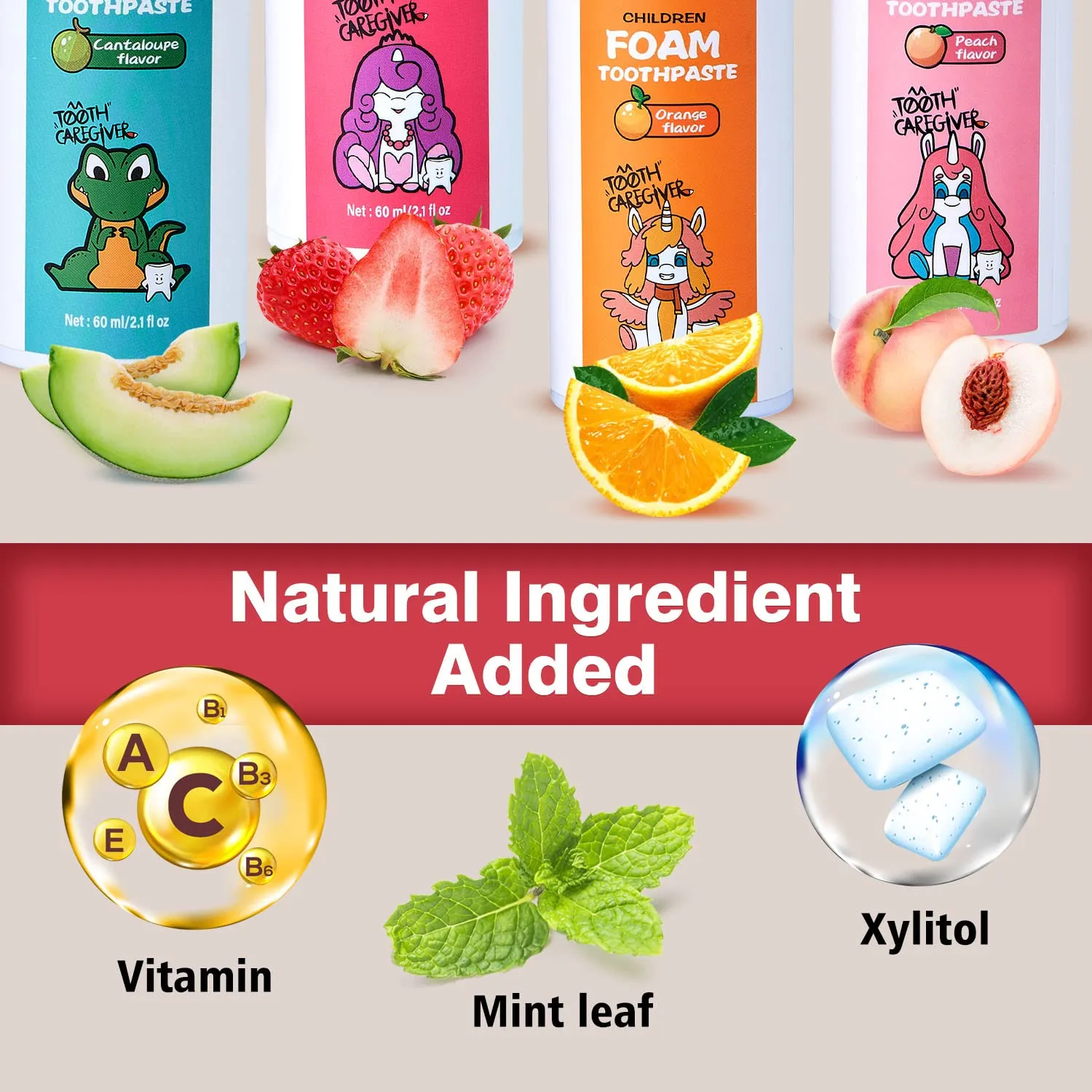 NOHOO Kids Foam Toothpaste with Fruit Flavor, Fluoride Free Natural Formul, Foam Toothpaste for Electric Toothbrush (Strawberry Orange Peach Cantaloupe)