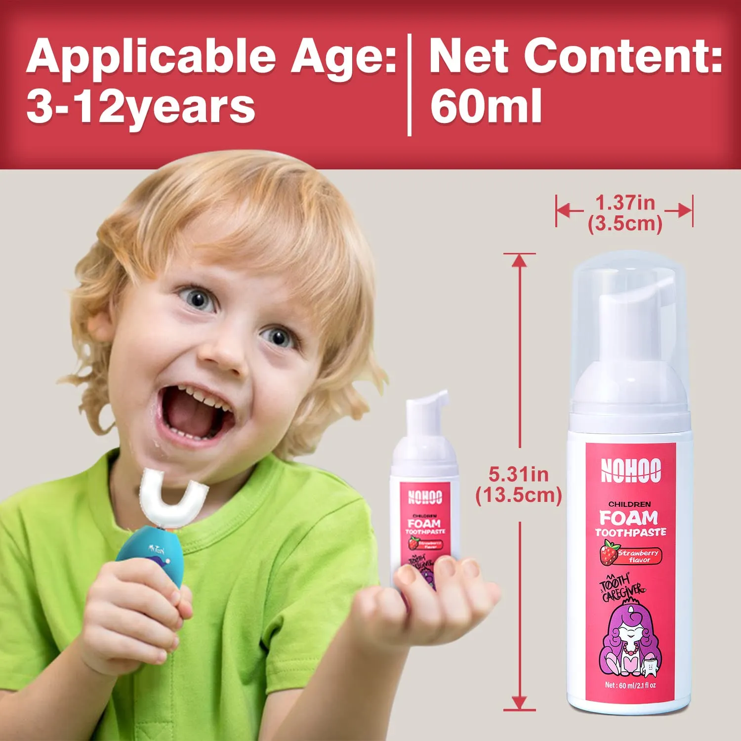 NOHOO Kids Foam Toothpaste with Fruit Flavor, Fluoride Free Natural Formul, Foam Toothpaste for Electric Toothbrush (Strawberry Orange Peach Cantaloupe)