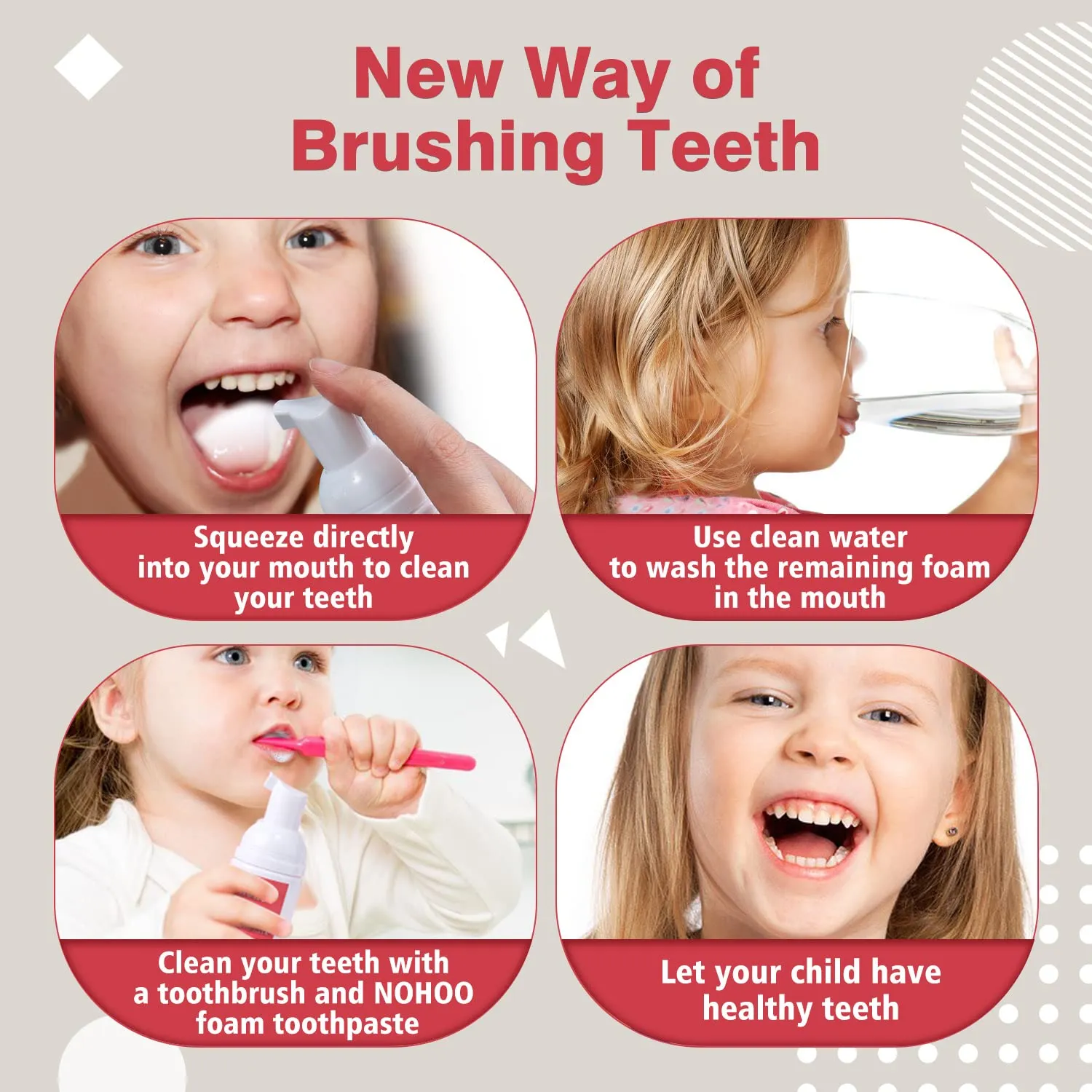 NOHOO Kids Foam Toothpaste with Fruit Flavor, Fluoride Free Natural Formul, Foam Toothpaste for Electric Toothbrush (Strawberry Orange Peach Cantaloupe)