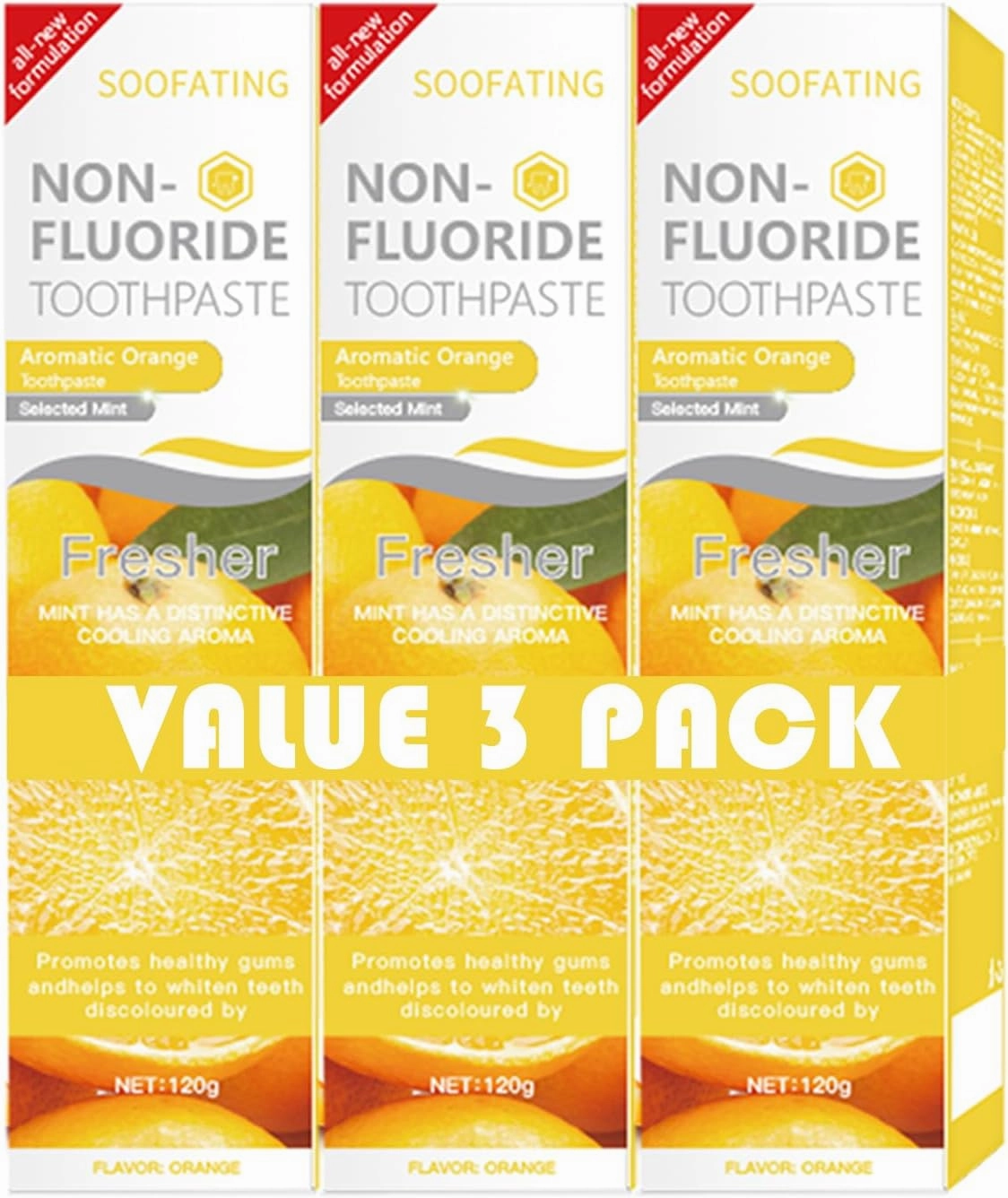 Non-Fluoride Toothpaste Fresh Breath Deep Cleaning Orange Flavor Toothpaste for Sensitive Teeth Whitening Tooth Strengthens Teeth Enamel and Gums 4.23oz-3Pack