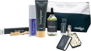 Nudge Oral Care Kit: Orange n-Ha Toothpaste 4 oz, Alcohol-Free Mouthwash 4 oz, Silk Floss 30m, 2 Bamboo Toothbrushes, 62 Toothpaste Tablets, Purple Whitening Serum, Reusable Toiletry Bag
