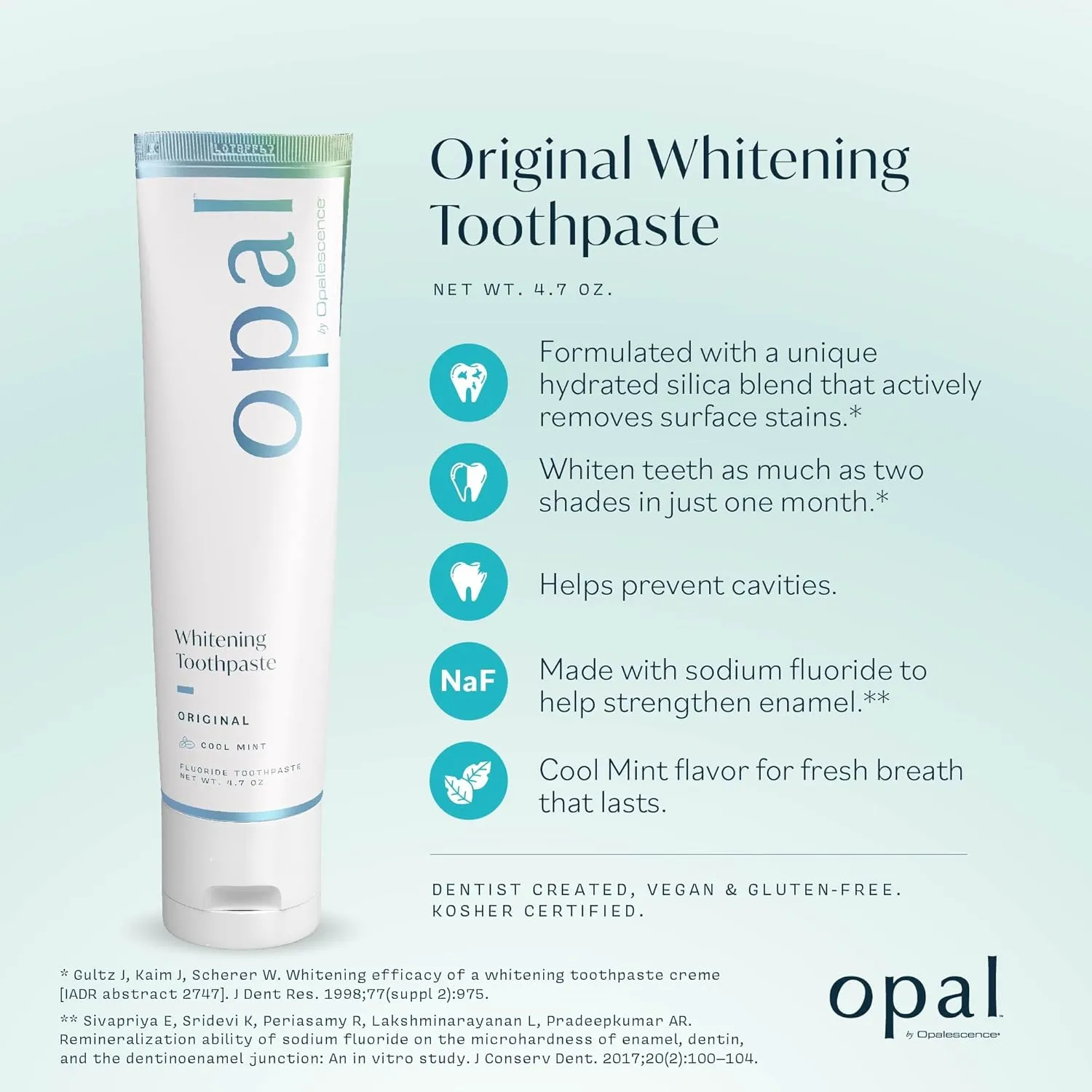 Opalescence Opal Teeth Whitening Toothpaste (Pack of 3) - Cool Mint Original Formula - Oral Care, Gluten-Free - 4.7 Ounce Made by Ultradent -TP-5760-3