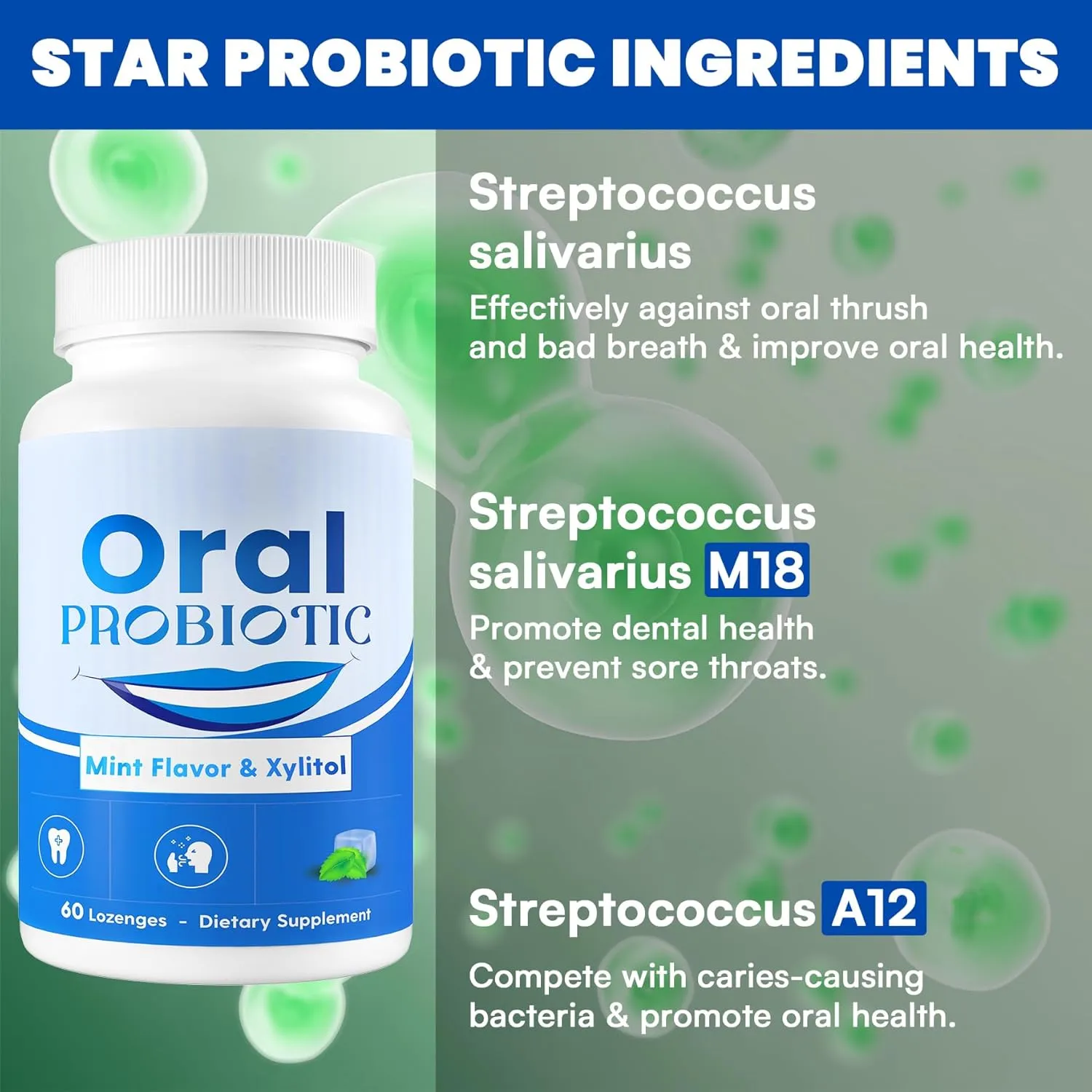 Oral Probiotics, 11 Billion CFU, Chewable Oral Probiotics for Mouth Bad Breath, Formulated with M18, A12, for Gum Health, Tooth Decay Prevention, Fresh Breath, 60 Capsules (Mint Flavor)