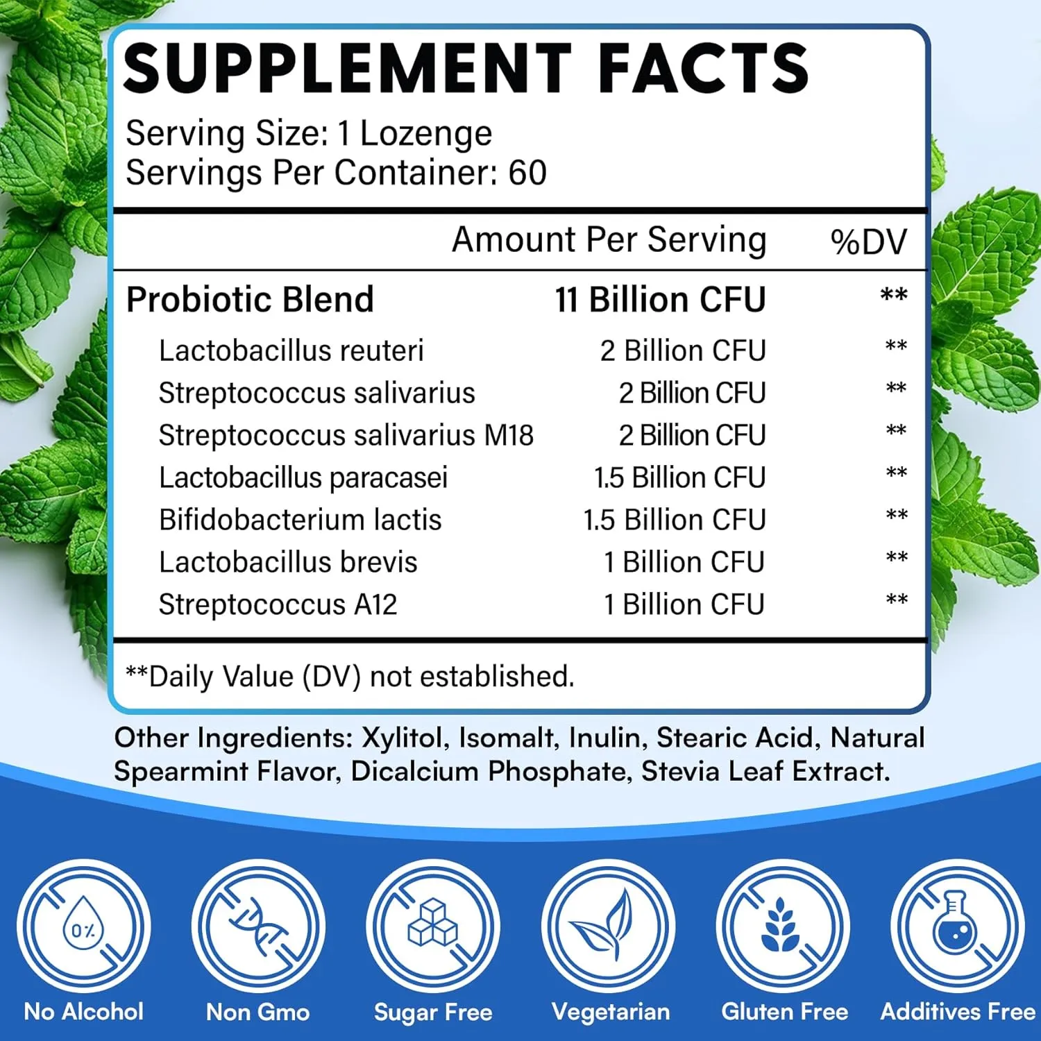 Oral Probiotics, 11 Billion CFU, Chewable Oral Probiotics for Mouth Bad Breath, Formulated with M18, A12, for Gum Health, Tooth Decay Prevention, Fresh Breath, 60 Capsules (Mint Flavor)