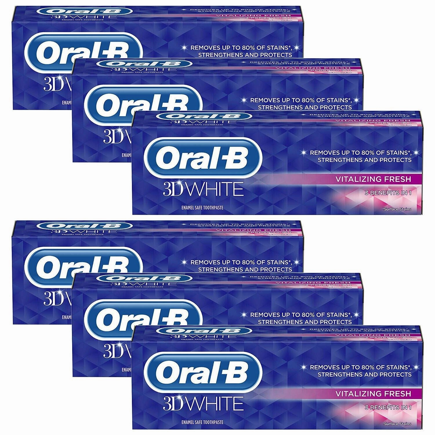 Oral-B 3D White Enamel Safe Toothpaste, Vitalizing Fresh, 6 Pack, 75ml