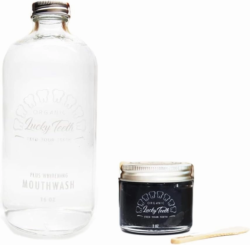 Organic MouthaWash - Plus WHITENING   Remineralizing Toothpaste Pack- Whitens, Refreshes. Food Grade Peroxide   Essential Oils. Vegan and Cruelty Free. Glass Jar (16 oz) (Charcoal, 2 oz)