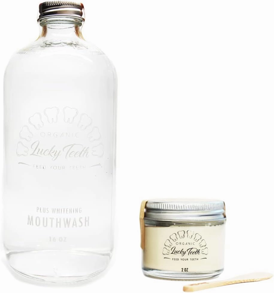 Organic MouthaWash - Plus WHITENING   Remineralizing Toothpaste Pack- Whitens, Refreshes. Food Grade Peroxide   Essential Oils. Vegan and Cruelty Free. Glass Jar (16 oz) (Regular, 2 oz)