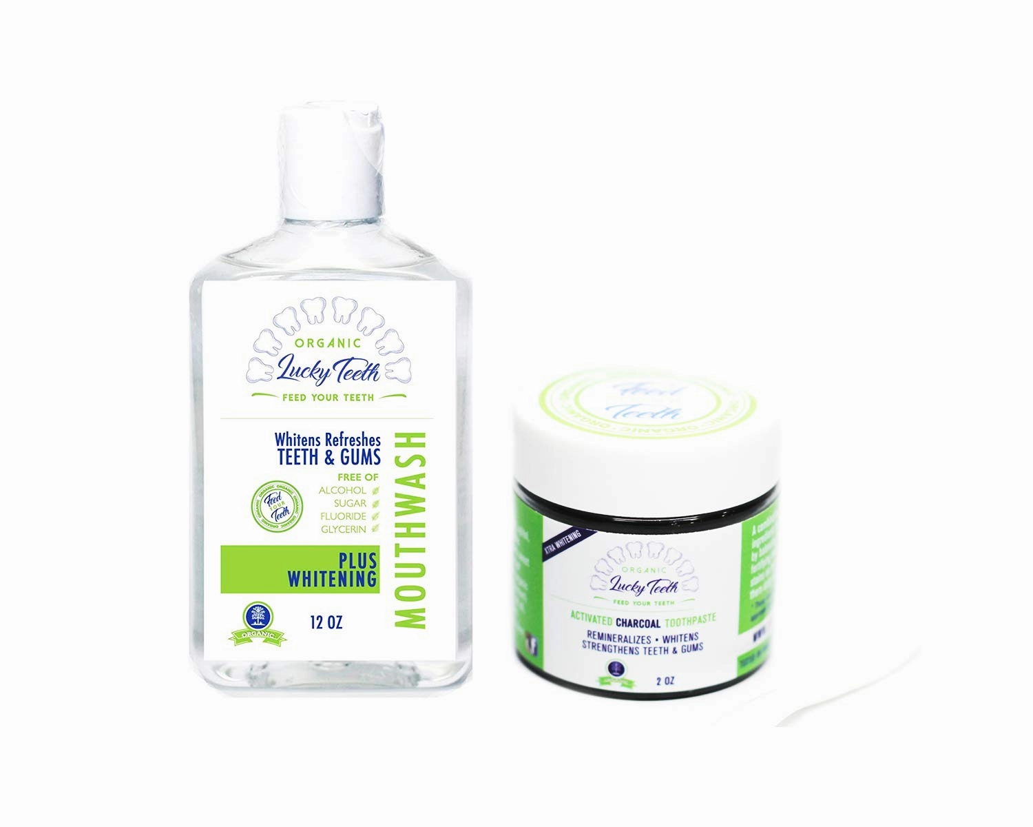 Organic Oral Care Pack - Food Grade Peroxide Whitening Mouthwash   Activated Coconut Charcoal Toothpaste - by Lucky Teeth.