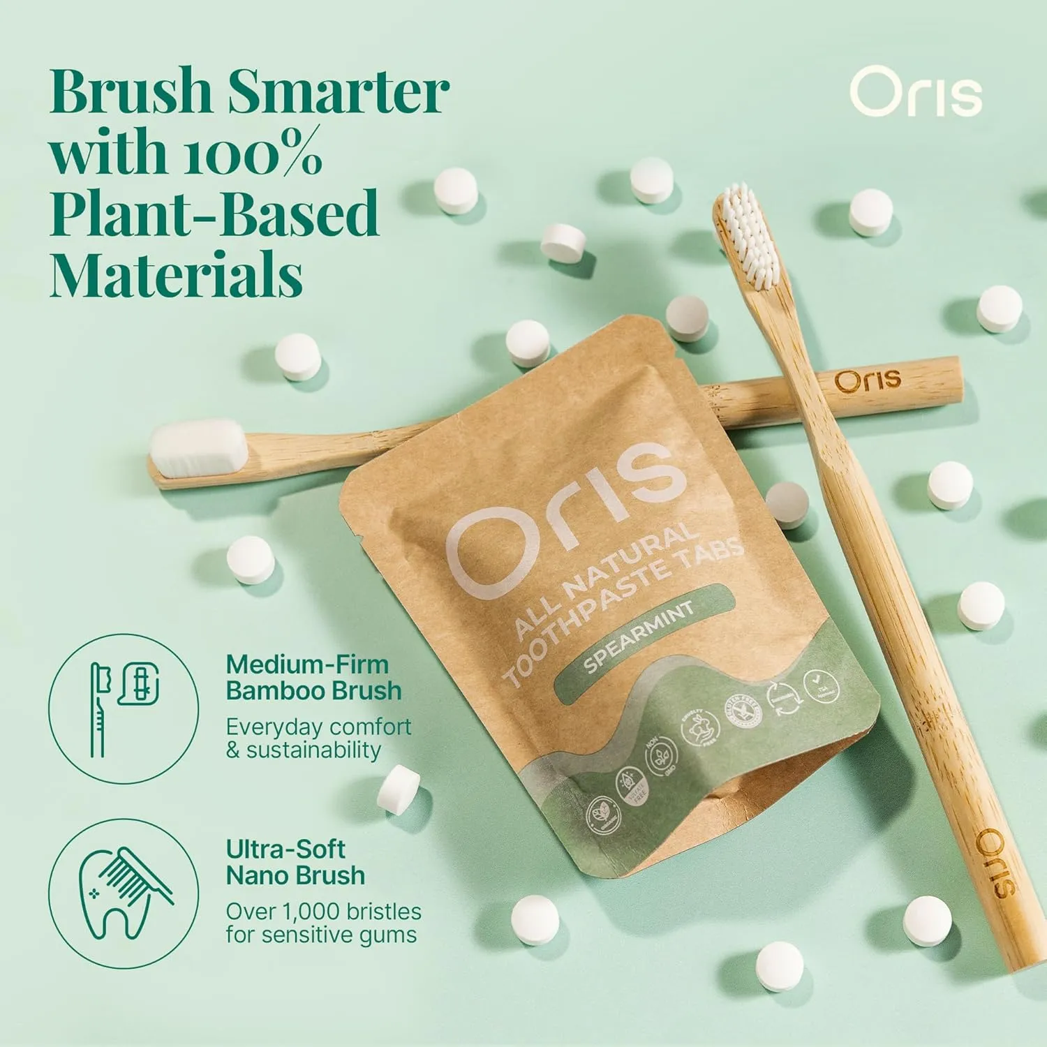 Oris Starter Bundle – 1 Month Supply: Natural Toothpaste Tablets | Fluoride-Free, Travel-Friendly, Kid-Safe with Enamel-Strengthening Nanohydroxyapatite (62 Count (Pack of 1), Peppermint)