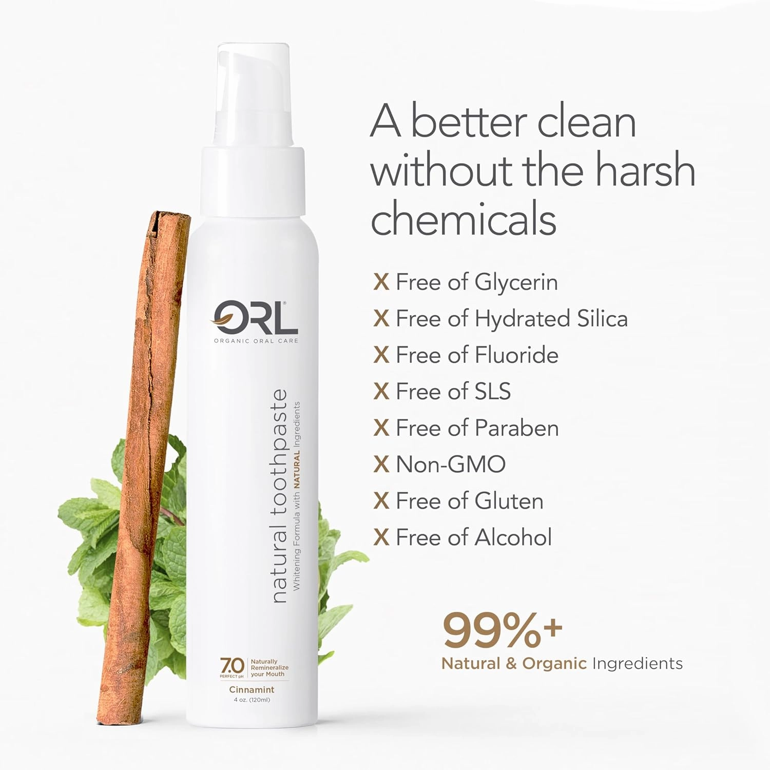 ORL Natural & Organic Toothpaste – Uniquely Formulated to Clean Your Mouth, Helps to Restore Your Mouth’s Natural Perfect pH - Cinnamint. Fluoride Free with Natural Hydroxyapatite