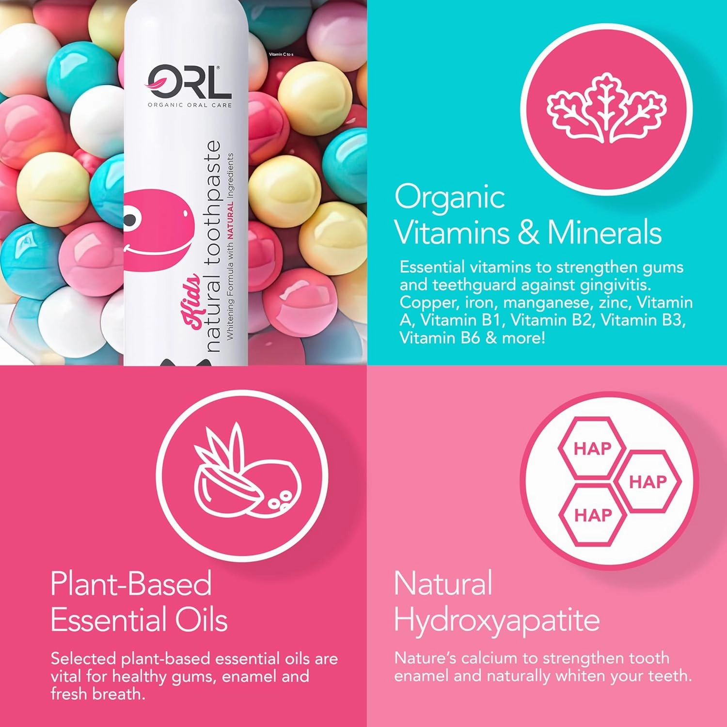 ORL Organic & Natural Bubblegum Toothpaste. Natural Safe Formula Uniquely Created to Clean Your Child’s Mouth, Helps Whiten Their Teeth Without Harmful Ingredients. Fluoride Free.