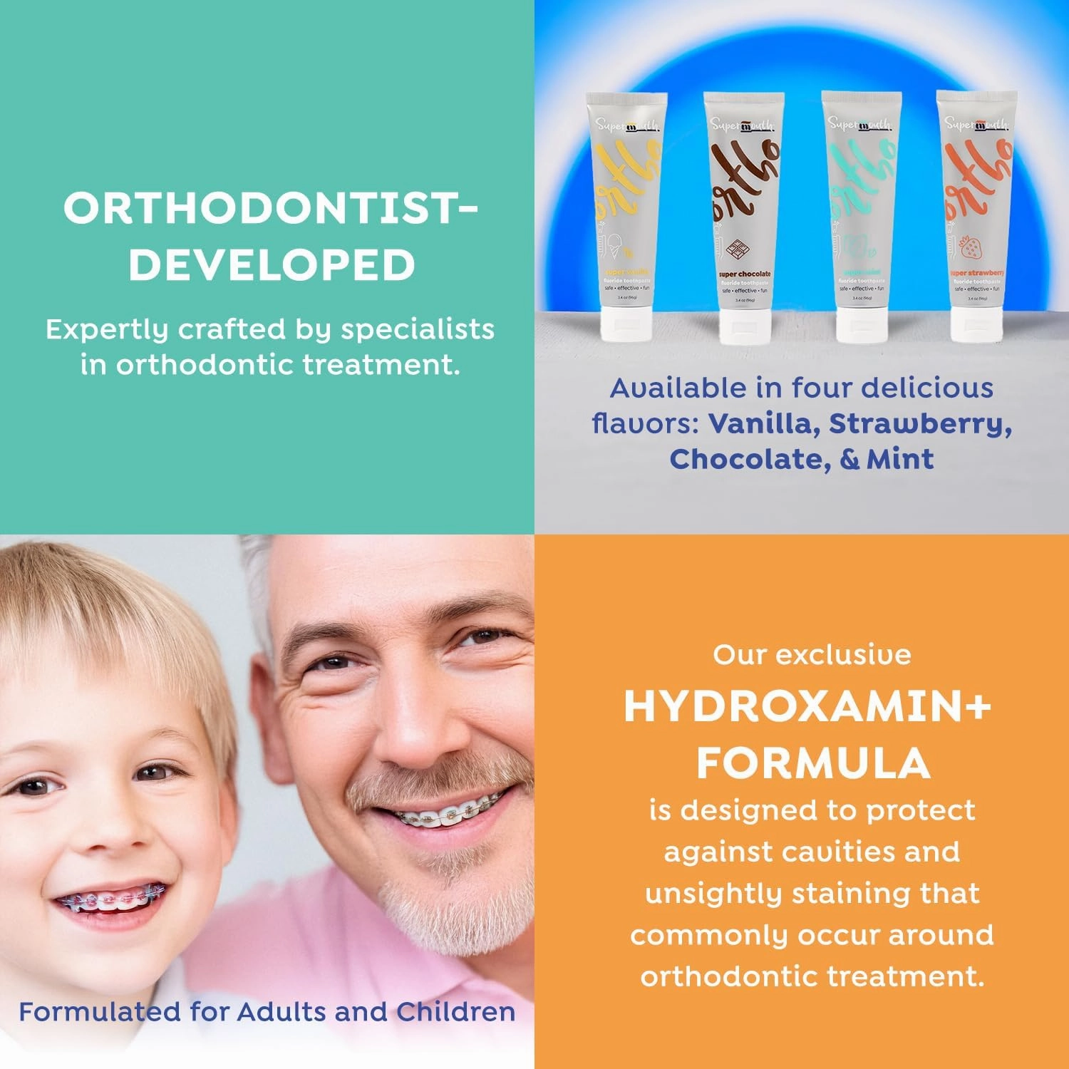 Ortho Toothpaste – for Braces & Aligners, Fluoride   Nano Hydroxyapatite, Adults & Kids, Fights Cavities & Decalcifications, Orthodontist-Developed, Safe Clean Ingredients, 4 Tasty Flavors