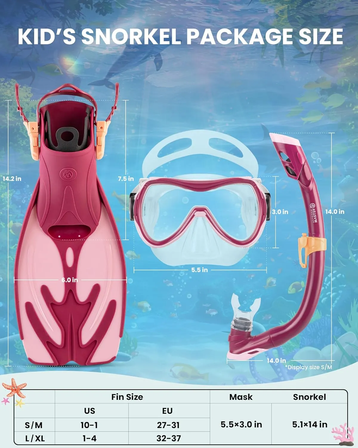 OutdoorMaster Marlin Kids Mask Fins Snorkel Set, Dry Top Snorkeling Gear with Adjustable Fins, Anti-Fog Snorkel Mask Set for Boys and Girls Age 6-16