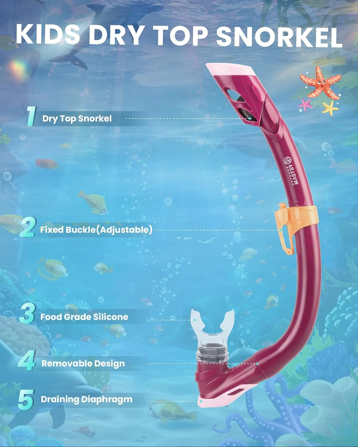 OutdoorMaster Marlin Kids Mask Fins Snorkel Set, Dry Top Snorkeling Gear with Adjustable Fins, Anti-Fog Snorkel Mask Set for Boys and Girls Age 6-16