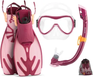 OutdoorMaster Marlin Kids Mask Fins Snorkel Set, Dry Top Snorkeling Gear with Adjustable Fins, Anti-Fog Snorkel Mask Set for Boys and Girls Age 6-16