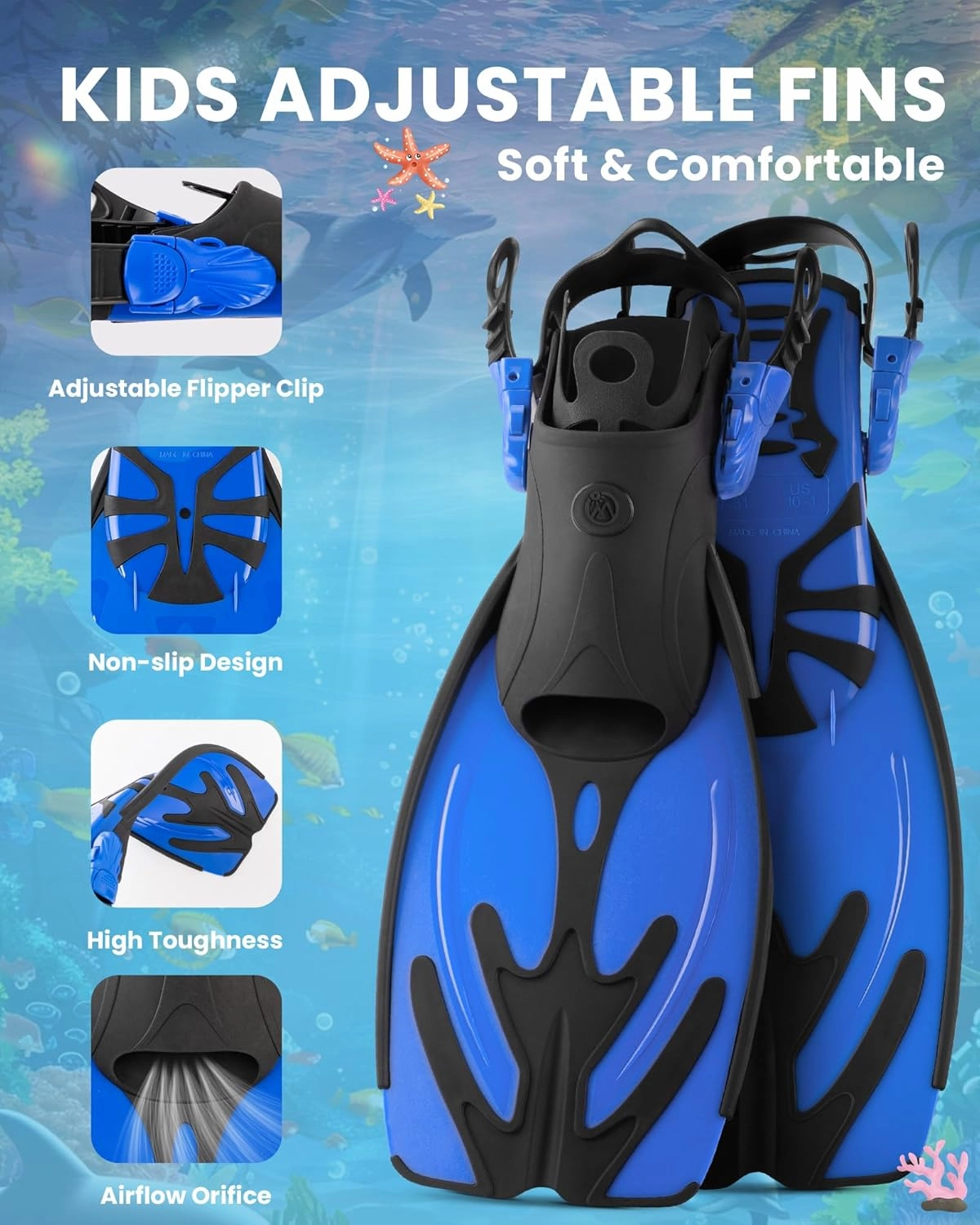 OutdoorMaster Marlin Kids Mask Fins Snorkel Set, Dry Top Snorkeling Gear with Adjustable Fins, Anti-Fog Snorkel Mask Set for Boys and Girls Age 6-16
