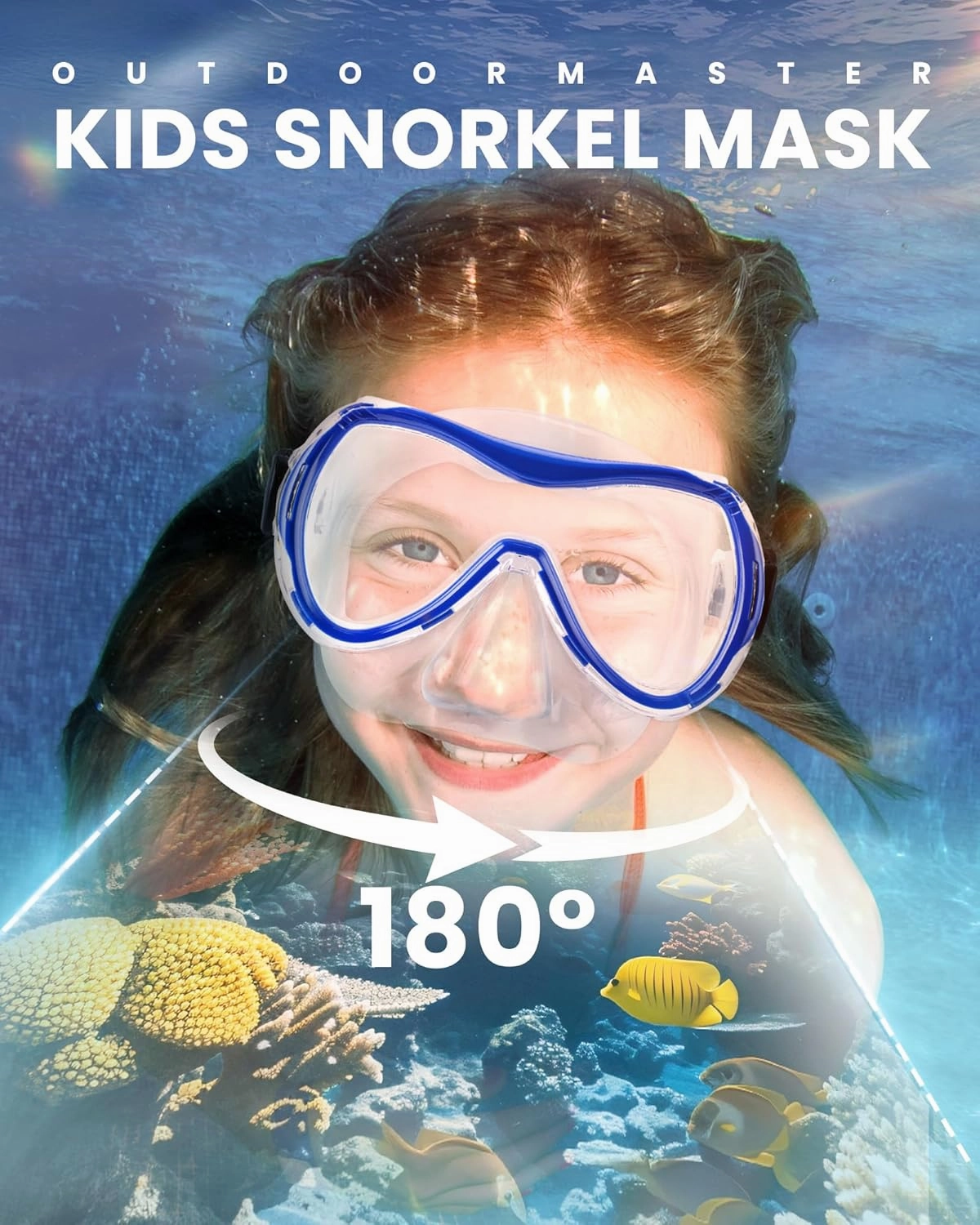 OutdoorMaster Marlin Kids Mask Fins Snorkel Set, Dry Top Snorkeling Gear with Adjustable Fins, Anti-Fog Snorkel Mask Set for Boys and Girls Age 6-16